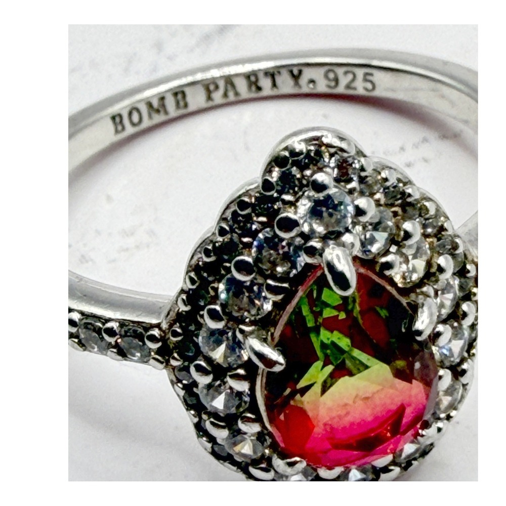 Bomb Party 925 Sterling Ring Size 9 Color Shift Stone Halo